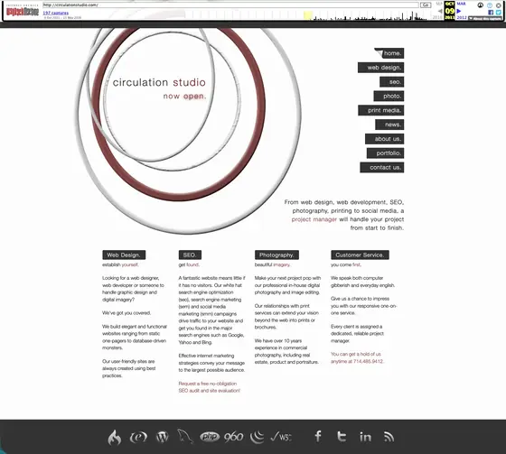 The circulationstudio.com home page as the Wayback Machine captured it on 9 October 2011. Concentric grey and dark red rings fill the left half behind the words circulation studio, now open. A stacked lowercase navigation runs down the right: home, web design, seo, photo, print media, news, about us, portfolio, contact us. Below sit four columns headed Web Design, SEO, Photography and Customer Service.