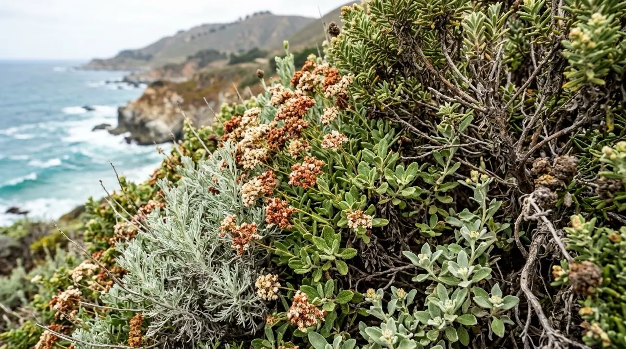 Native coastal shrubs in bloom on a Laguna bluff, silver-green leaves and rust-colored flower heads crowded together, the ocean and a headland out of focus behind them.