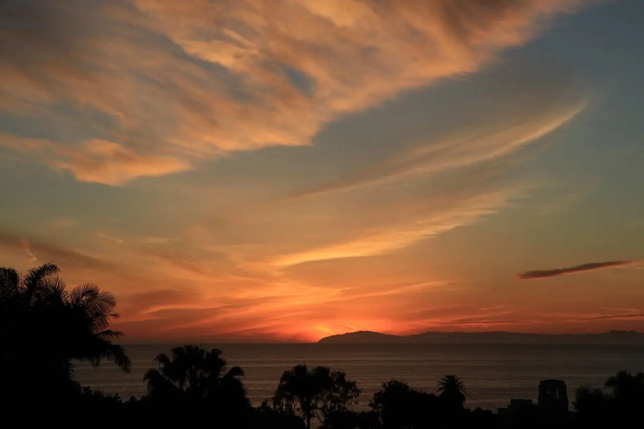 A wide sunset sky over the ocean, streaked orange and grey cloud above a dark island on the horizon, with palm tops silhouetted along the bottom of the frame.