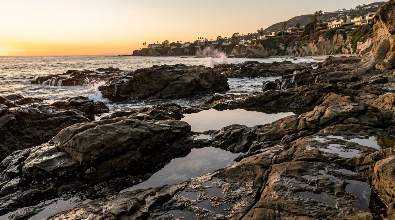 Sunset light over a rocky Laguna shelf, still tide pools held between dark ledges, surf spraying at the point and hillside homes catching the last light.