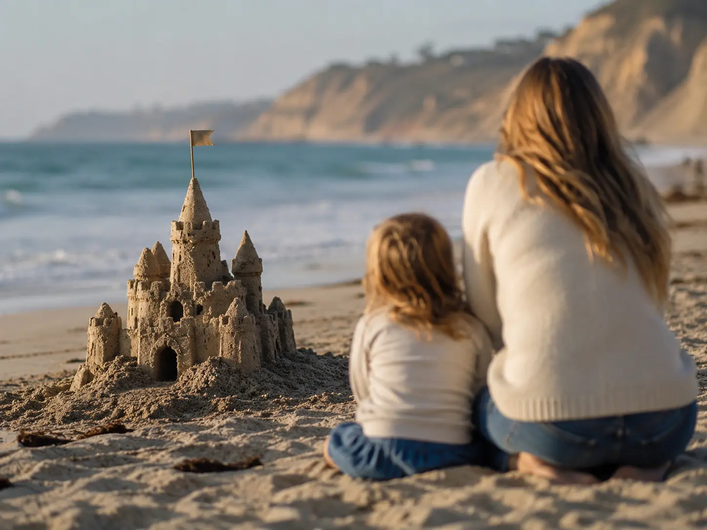 A child and an adult kneeling together on the sand beside a tall sandcastle with a small flag, looking out toward the surf.