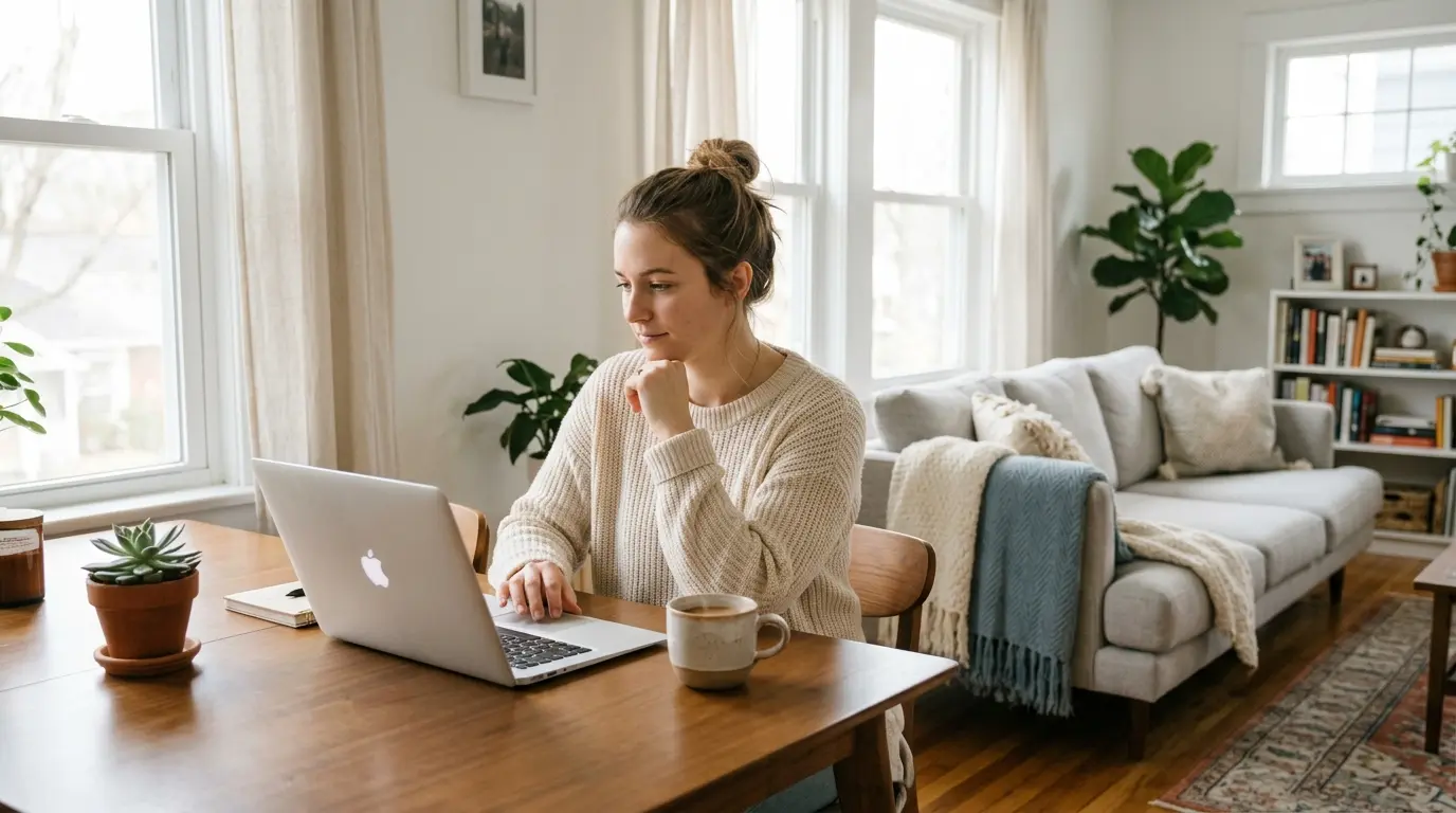 A woman at a laptop on her dining table in a bright living room, mid-session on a video call, a mug of coffee beside her.